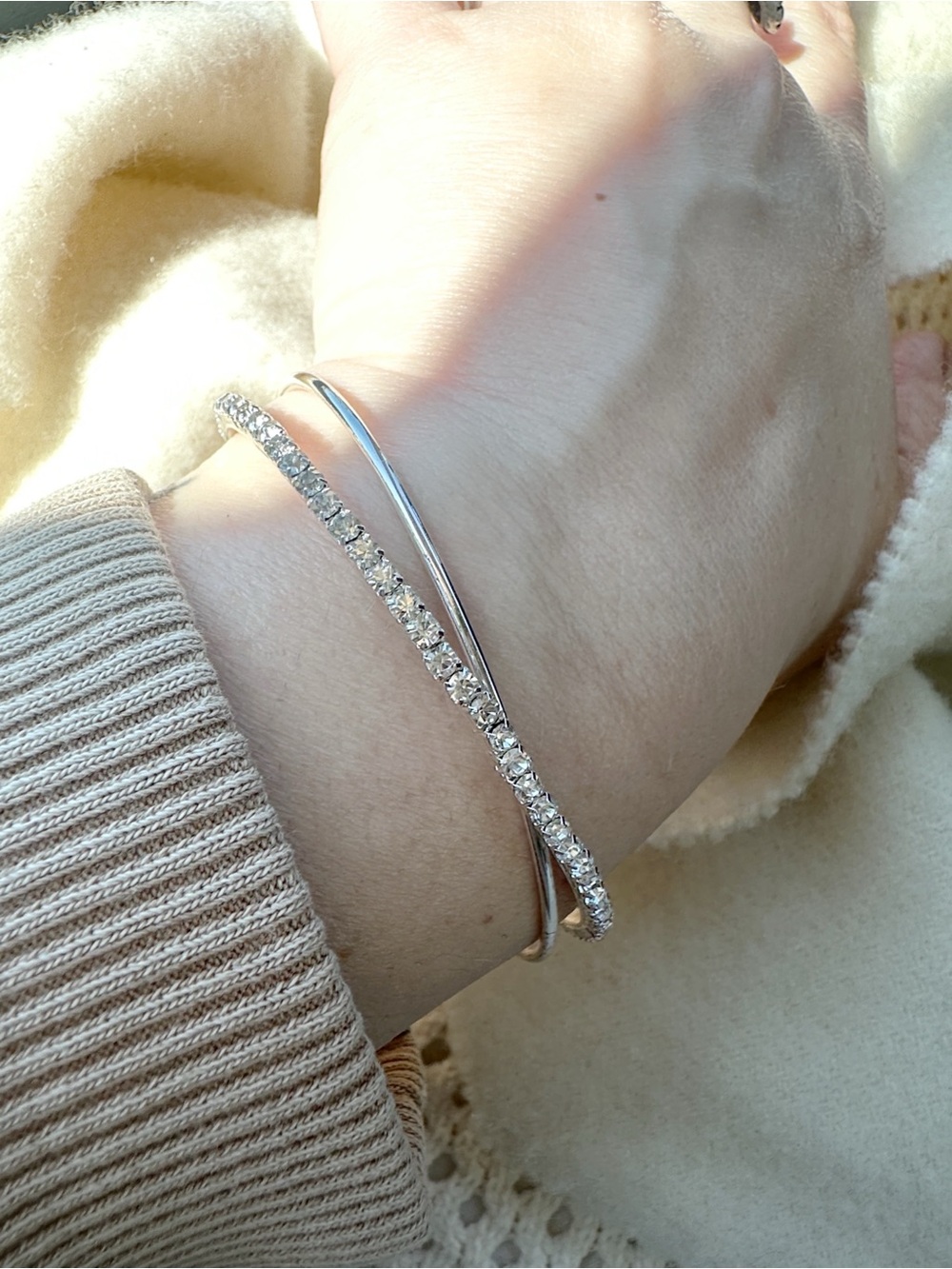 Silver Tone Crystal Rhinestone Cuff Adjustable Bracelet
